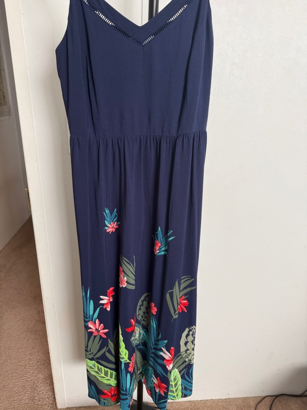 Flowing Navy Blue Floral Midi Rayon Dress